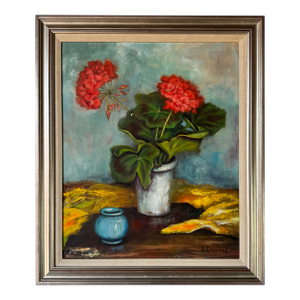 Vintage G. Crowder Still Life Red Geraniums in Vase Oil Painting, Framed
