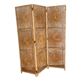Wicker Coastal Vintage Screen Room Divider Rattan Three Panel Star Burst Sunburst For Sale