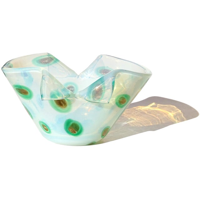 Mid-Century Modern Vintage Fratelli Toso Murano Opalescent White Green Aventurine Spots Italian Art Glass Cut Rim Bowl For Sale - Image 3 of 12