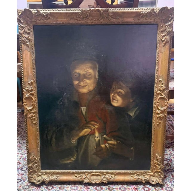 Circle of Sir Peter Paul Rubens, Nocturnal Candlelight Scene with Elderly Woman and Child, Oil on Canvas, 17th Century, Framed For Sale - Image 12 of 13