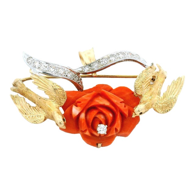 Vintage Italian 18k Gold Platinum Diamond Sardinian Coral Rose Dove Brooch Pendant For Sale