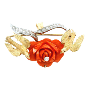 Vintage Italian 18k Gold Platinum Diamond Sardinian Coral Rose Dove Brooch Pendant