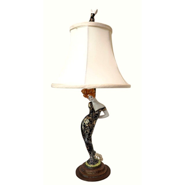 1940s Vintage Mid-Century Modern Hand-Painted Porcelain Lady Table Lamp W/Porcelain Lady Finial For Sale - Image 5 of 18