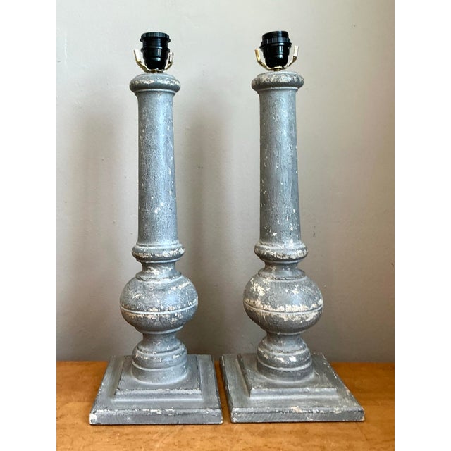 Vintage Distressed Wood Table Lamps - Pair For Sale - Image 10 of 12