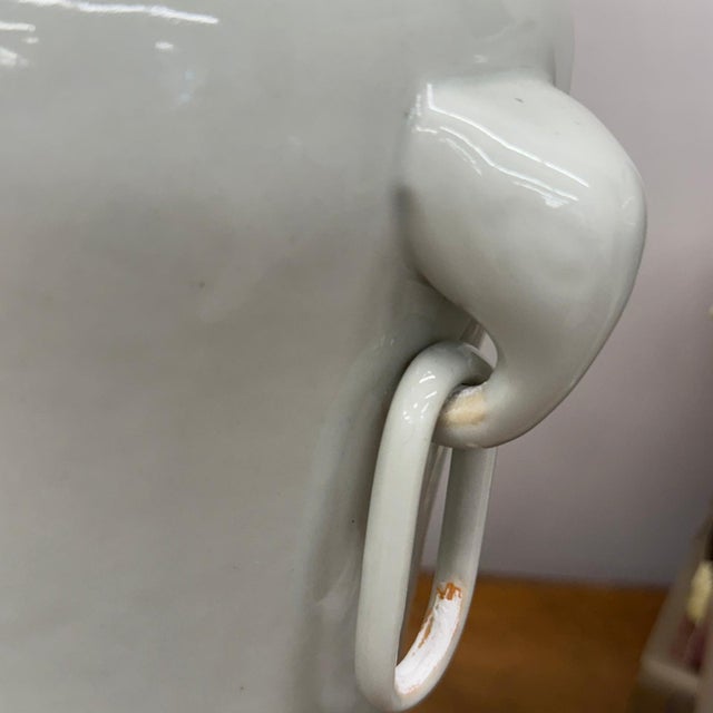 Tall White Ceramic Vases with Elephant Head Handles - A Pair For Sale - Image 4 of 13