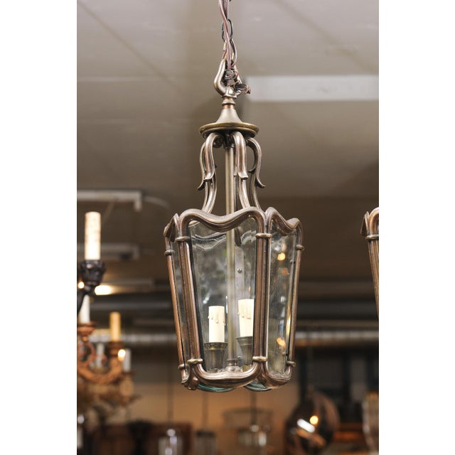 1940s Patinated Bronze Lanterns With Beveled Glass, France - a Pair For Sale - Image 4 of 12