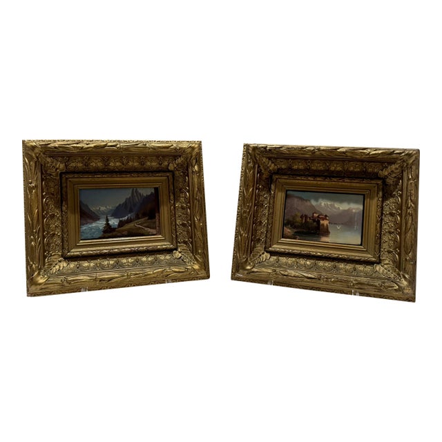 Early 20th Century Alpine Landscapes, Mer De Glace, Chamonix, Pair of Gilt-Framed Paintings For Sale