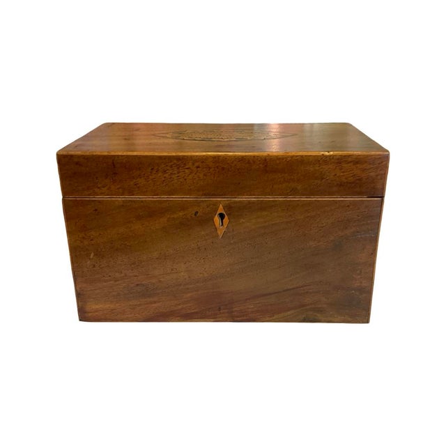 Late 19th Century Wood Tea Caddy Box with Inlay Shell Design on Lid. Two Tea Compartments with Lids. Red Interior of Lid....