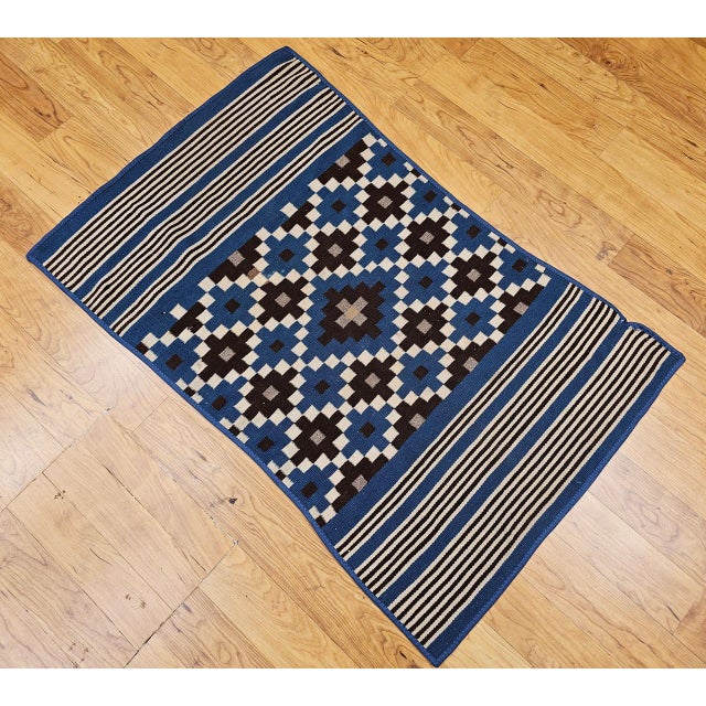 Vintage Mexican Saltillo Serape Kilim Rug, Flat-Woven Wool Blanket, Royal Blue, 2x4 For Sale - Image 4 of 14