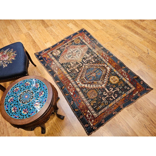 Antique Caucasian Kazak Rug, Hand-Knotted Wool, Geometric Pattern, Blue & Red, 3' x 5' For Sale - Image 10 of 18