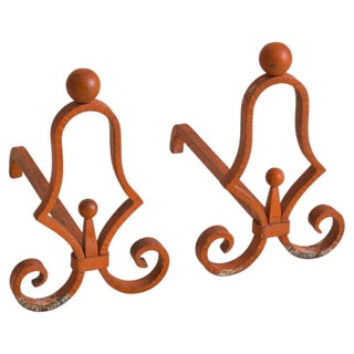 Pair of French Orange Andirons Attributed to Jacques Adnet, 1950s For Sale