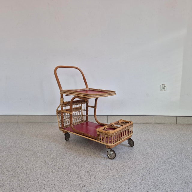 Mid-Century Modern Bar Cart in Wicker with Red Shelves, 1950s For Sale - Image 11 of 11