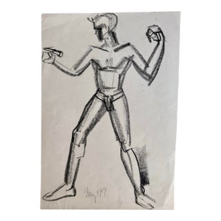 1949 Artist Studio Charcoal Drawing of a Muscle Man, 15” X 10.5” For Sale