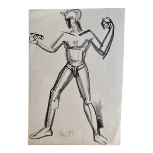 Vintage Artist Studio Charcoal Drawing of a Muscle Man, 15” X 10.5”