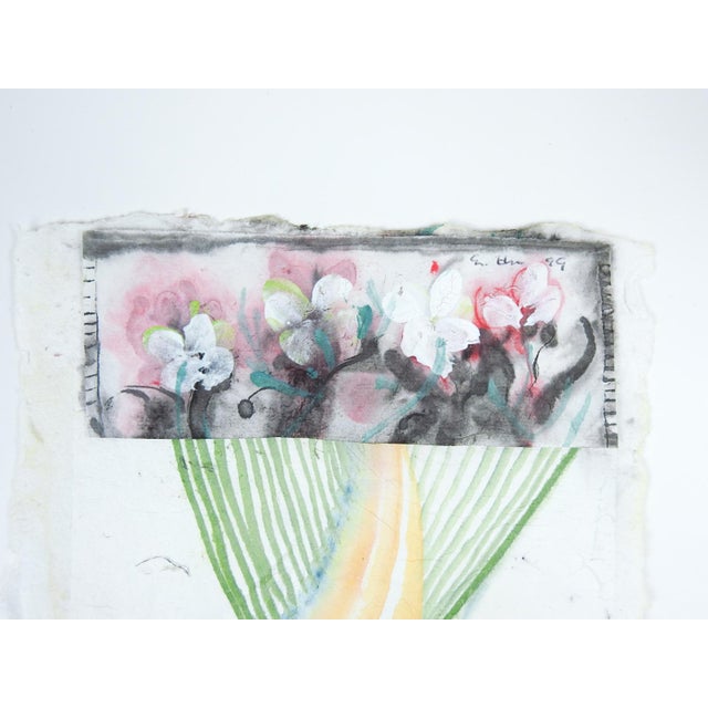 1999 abstract floral watercolor collage on handmade paper painting by Eva Bouzard-Hui (1936-2023) New Jersey. Signed and...
