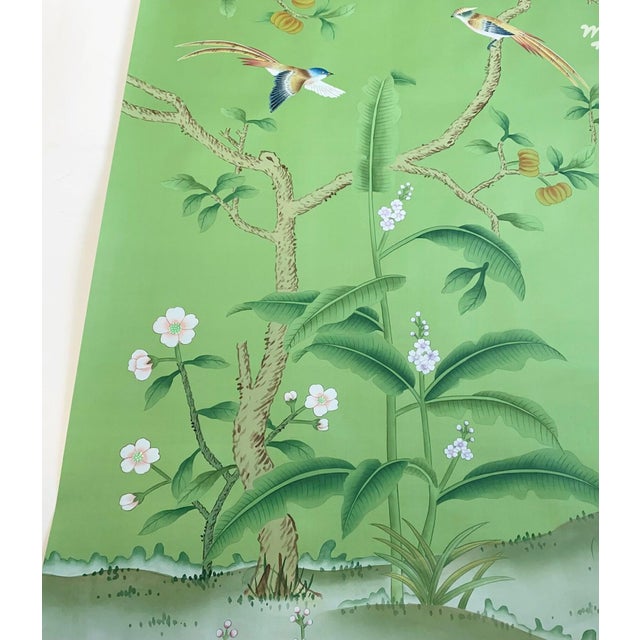 Chinoiserie Hand Painted Green Chinoiserie Floral & Bird Mural Panels (5-Piece Set) For Sale - Image 3 of 6