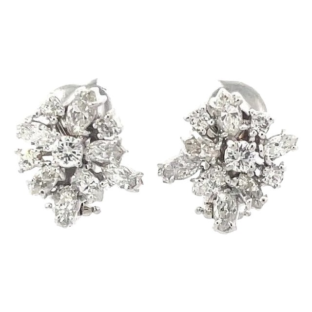 Friedman Diamond Gold Cluster Earrings 18k White Marquise and Round Cut, 2 pieces For Sale