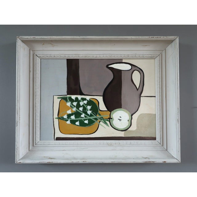 LILY OF THE VALLEY & JUG Size: 14.2 x 18.1 inches (including frame) Oil on board A refined contemporary still life that...