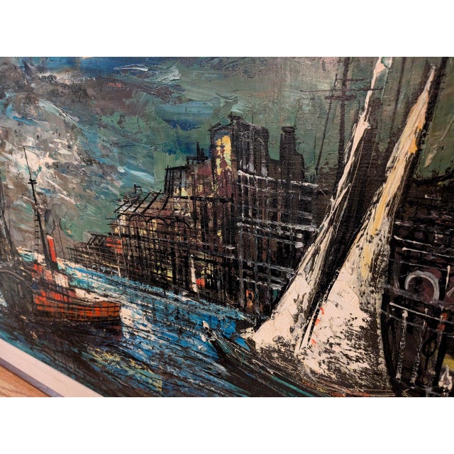 Mid-Century Modern Large Signed Mid-Century Modern Harbor Scene Oil Painting, Palette Knife Maritime Cityscape For Sale - Image 3 of 9