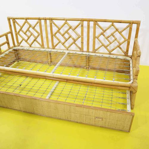Woven Bamboo Sofa Bed with Double Pull-Out Mattress For Sale - Image 10 of 14