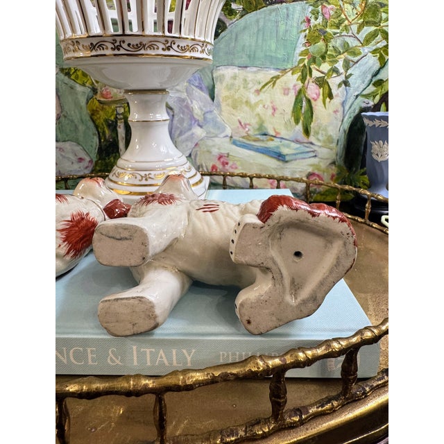 Charming Pair of Vintage Staffordshire Style Spaniels With Gilt Chain Collars and Parted Legs, Red & Cream Porcelain Dogs For Sale - Image 17 of 17