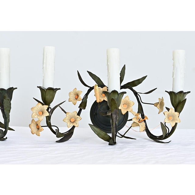 Mid 20th Century Vintage Italian Tole Floral Wall Sconces - a Pair For Sale - Image 5 of 11