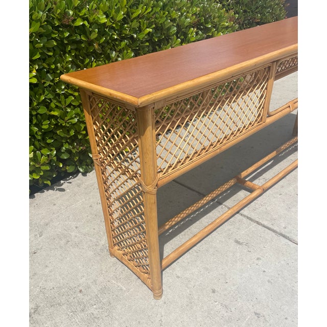 Boho Chic Vintage Rattan Console Sofa Table Woven Trellis Design For Sale - Image 3 of 8