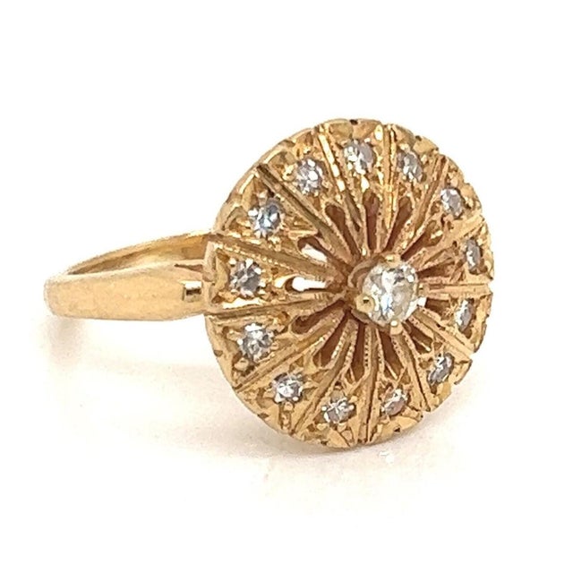 Mid 20th Century Diamonds 14k Yellow Gold Fancy Round Floral Ring - Size 4.5 For Sale - Image 4 of 6