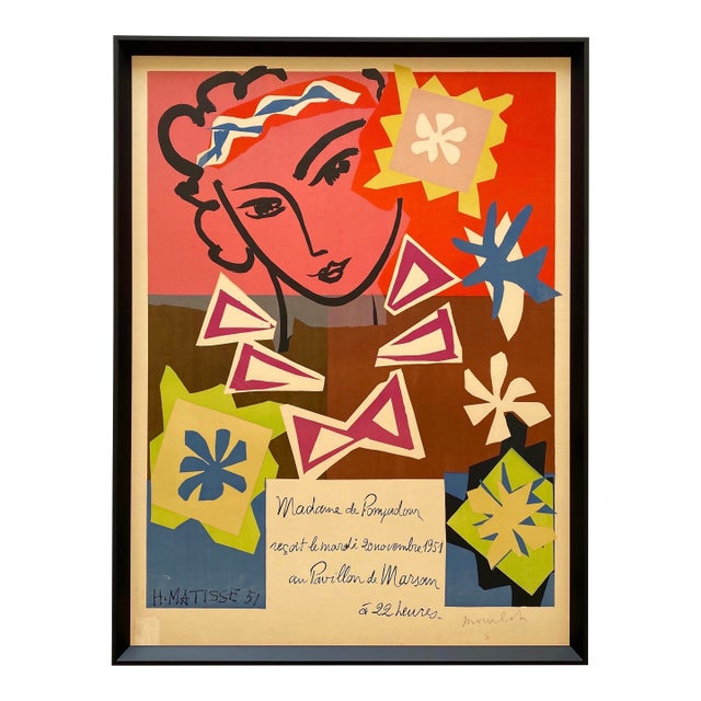 Henri Matisse Vintage 1951 Mourlot Fine Art Lithograph Print " Madame De Pompadour " Framed French Mid Century Modernist Paris Poster For Sale