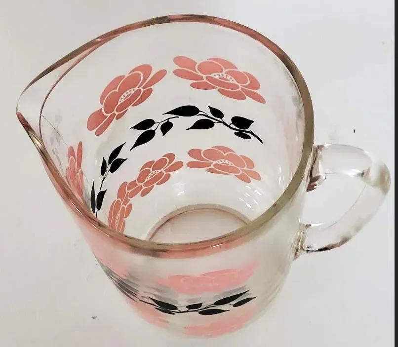Retro Hazel Atlas Pink and Black Pitcher & Glassware Set - Set of