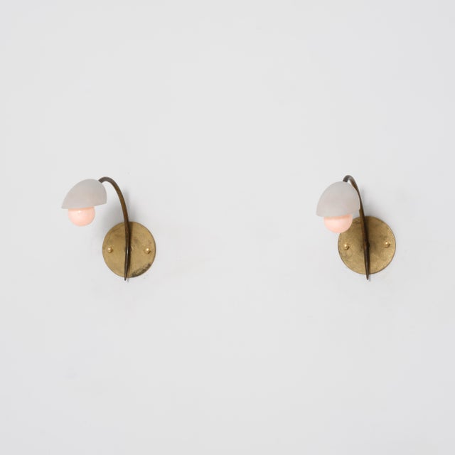 Italian Curved Brass and Opaline Glass Sconces, 1950s, Set of 2 For Sale - Image 11 of 13