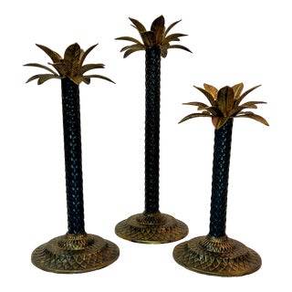 Vintage Hollywood Regency Newly Painted Palm-Tree Graduated Candlestick Holders - Set of 3 For Sale