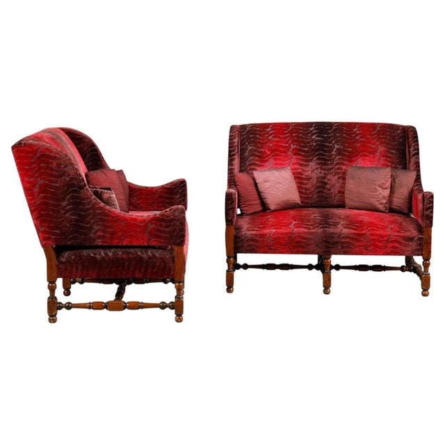 Large Louis XIII Sofas in Burgundy Red Velvet, 1900s, Set of 2 For Sale - Image 17 of 17