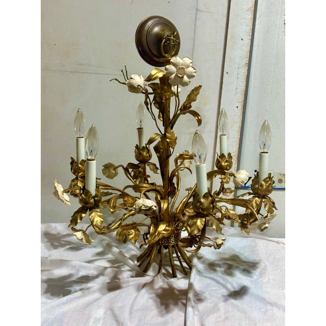 Vintage Italian Gilded Tole and Cream Enamel Floral 6-Light Chandelier For Sale - Image 17 of 17