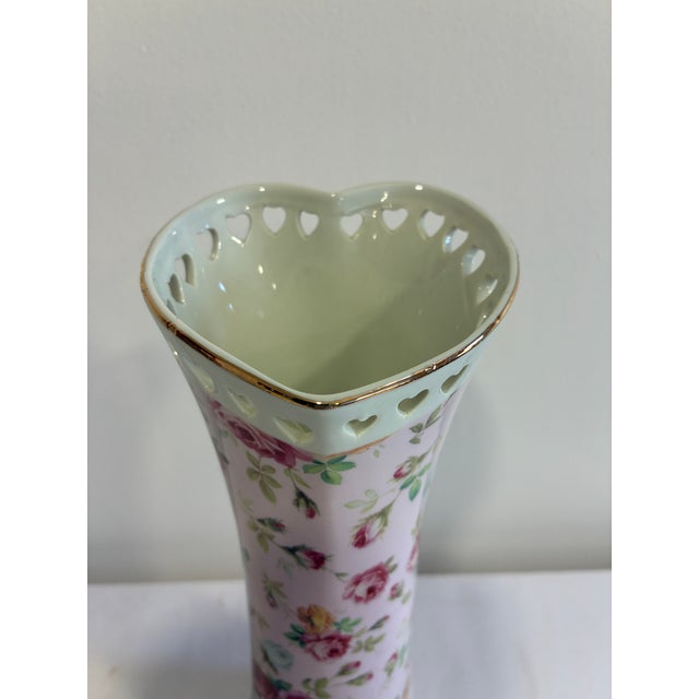 Godinger Vintage Godinger Antique Reflections Pink Rose Porcelain Vase With Heart Pierced Rim For Sale - Image 4 of 10