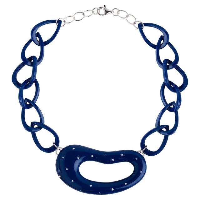 Metal Miriam Salat Classic Navy Blue Resin & White Zircon Sterling Silver Necklace For Sale - Image 7 of 18