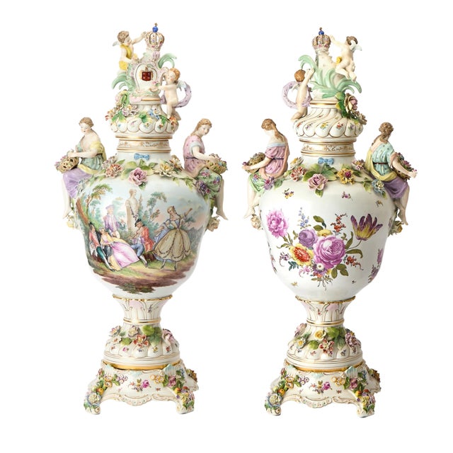 Large Pair Antique Dresden Porcelain Three-Part Lidded Vases / Figural Handles For Sale - Image 9 of 9