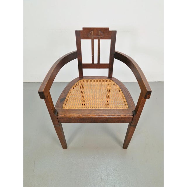 Art Nouveau Deco Armchair in Rattan Webbing, Oak and Copper, 1920s For Sale - Image 4 of 9