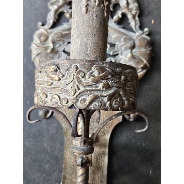 1920s Large 1920's Mizner Style Bronze Sconces With Dragons and Faces - a Pair For Sale - Image 5 of 12