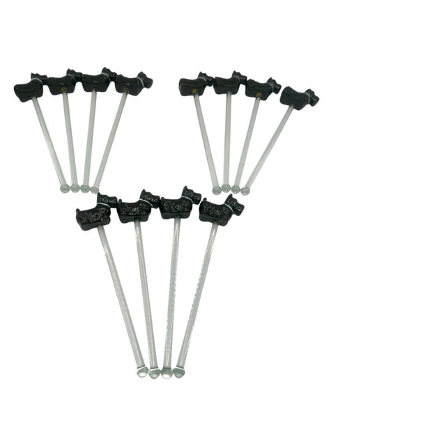Vintage Glass Cocktail Glass Swizzle Sticks With Black Scottie Dog Figurine Toppers - A Set of 12 For Sale In Birmingham - Image 6 of 12