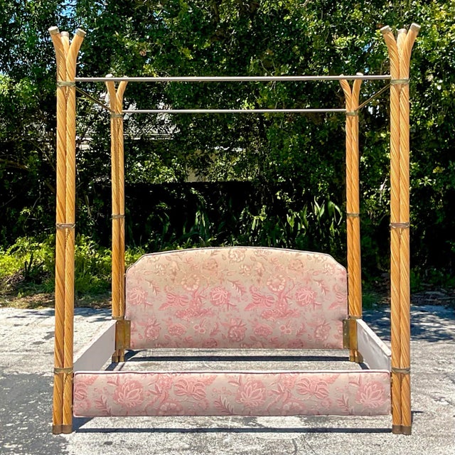 Coastal Vintage Coastal Twisted Pencil Reed and Brass King Canopy Bed For Sale - Image 3 of 7