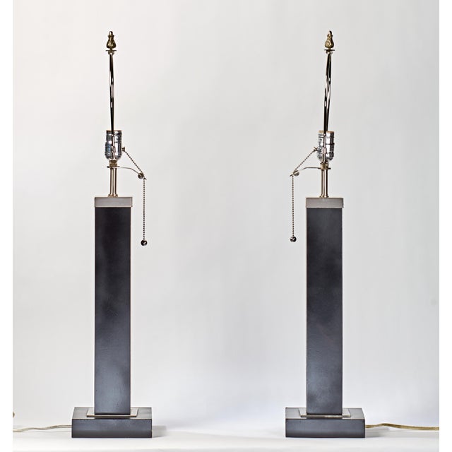 1980s Pair of Black and Chrome Table Lamps With Cream Rectangular Shades For Sale - Image 4 of 12