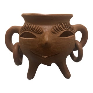 Vintage Nicaraguan Folk Art Terracotta Face Pot Tripod Anafre Vessel With Ring Handles For Sale