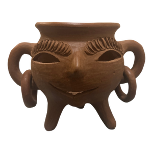 Vintage Nicaraguan Folk Art Terracotta Face Pot Tripod Anafre Vessel With Ring Handles
