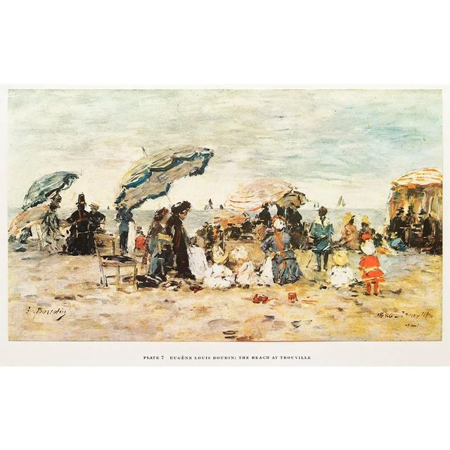 A rare vintage full-color print of Impressionist painting "The Beach at Trouville" by Eugene Louis Boudin from a First...