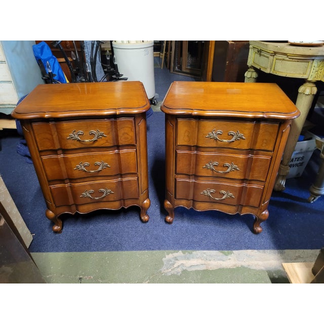 Fine Pair of French 3 Drawer Cherry Wood Nightstands For Sale - Image 9 of 11