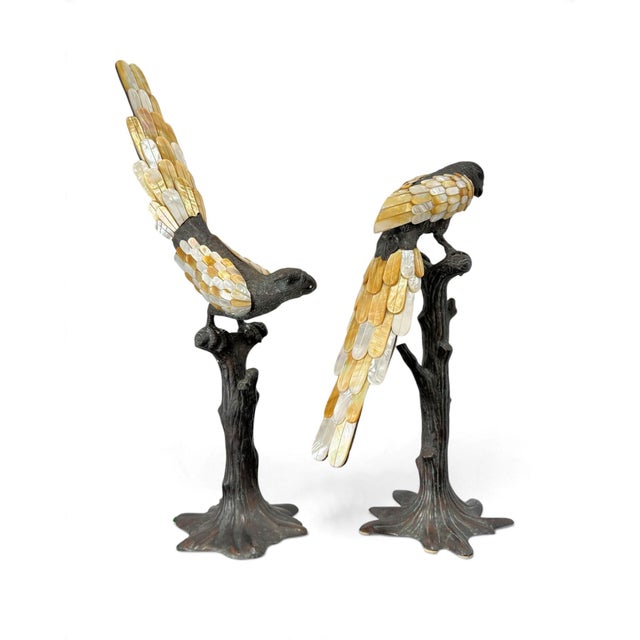 Traditional Maitland Smith Bronze & Mother of Pearl Parrot Sculptures, a Pair For Sale - Image 3 of 15