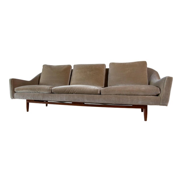1950s Jens Risom Model 2516 Sculptural Sofa Gray Velvet and Walnut Base For Sale