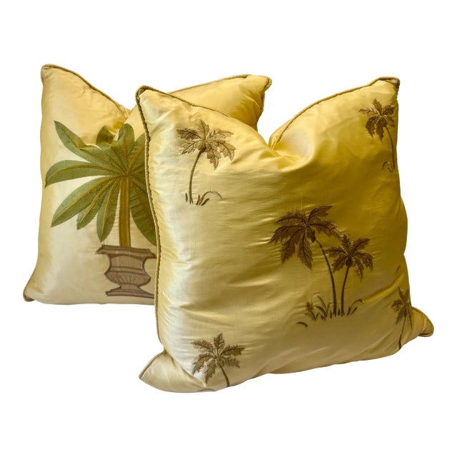 Golden Yellow Palm Tree Silk Throw Pillows- Set of 2 For Sale