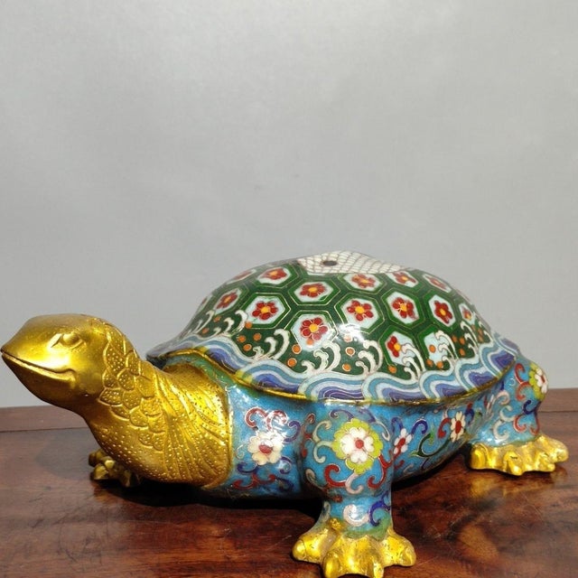 Metal Late 20th Century Cloisonné Enamel Turtle Sculpture With Yin-Yang Shell For Sale - Image 7 of 9
